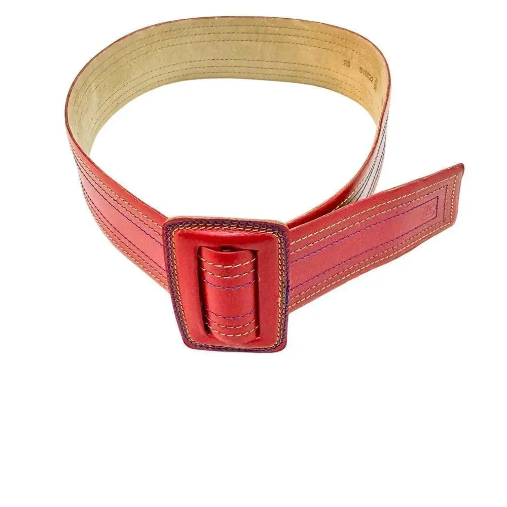 Guy Laroche France Vintage Red Leather Belt Colorful Stitching Size 28